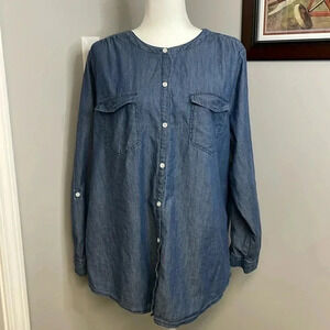 Woman Within Chambray Blouse Top Size 1X (22/24) Button Down Up Camp Style